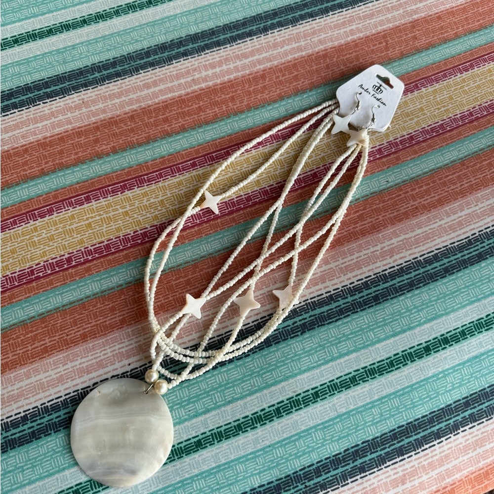 303-PTT New Mother Of Pearl Shell Pendant Necklace & Earrings White  Beads Set